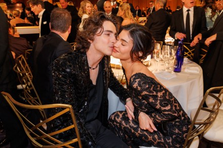 Timothée Chalamet and Kylie Jenner at the 81st Golden Globe Awards held at the Beverly Hilton Hotel on January 7, 2024 in Beverly Hills, California. (Photo by Christopher Polk/Golden Globes 2024/Golden Globes 2024 via Getty Images)