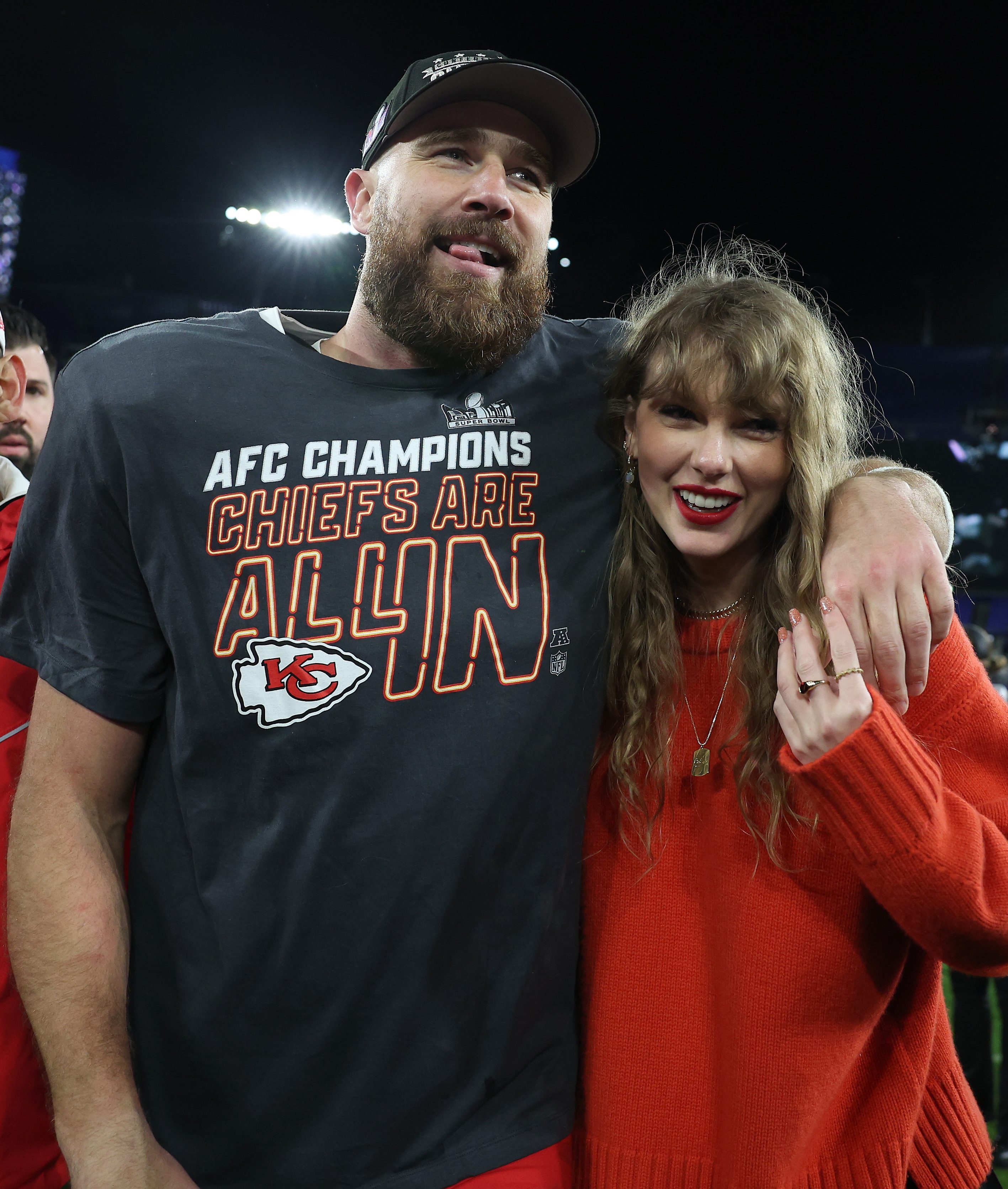 Travis Kelce celebrating with Taylor Swift after a 17-10 victory against the Baltimore Ravens