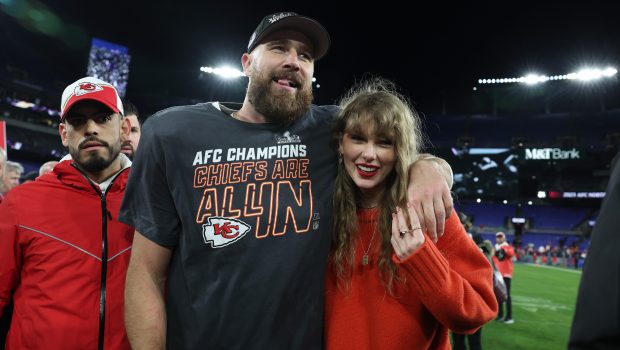 Travis Kelce and Taylor Swift at the AFC Championship Game