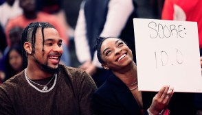 HOUSTON, TEXAS - JANUARY 29: Simone Biles and Jonathan Owens attend a game between the Houston Rockets and the Los Angeles Lakers at Toyota Center on January 29, 2024 in Houston, Texas. NOTE TO USER: User expressly acknowledges and agrees that, by downloading and or using this photograph, User is consenting to the terms and conditions of the Getty Images License Agreement.  (Photo by Carmen Mandato/Getty Images)