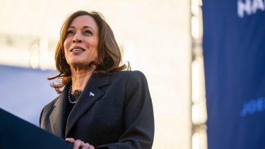 Kamala Harris speaks during a 'First In The Nation' campaign rally at South Carolina State University