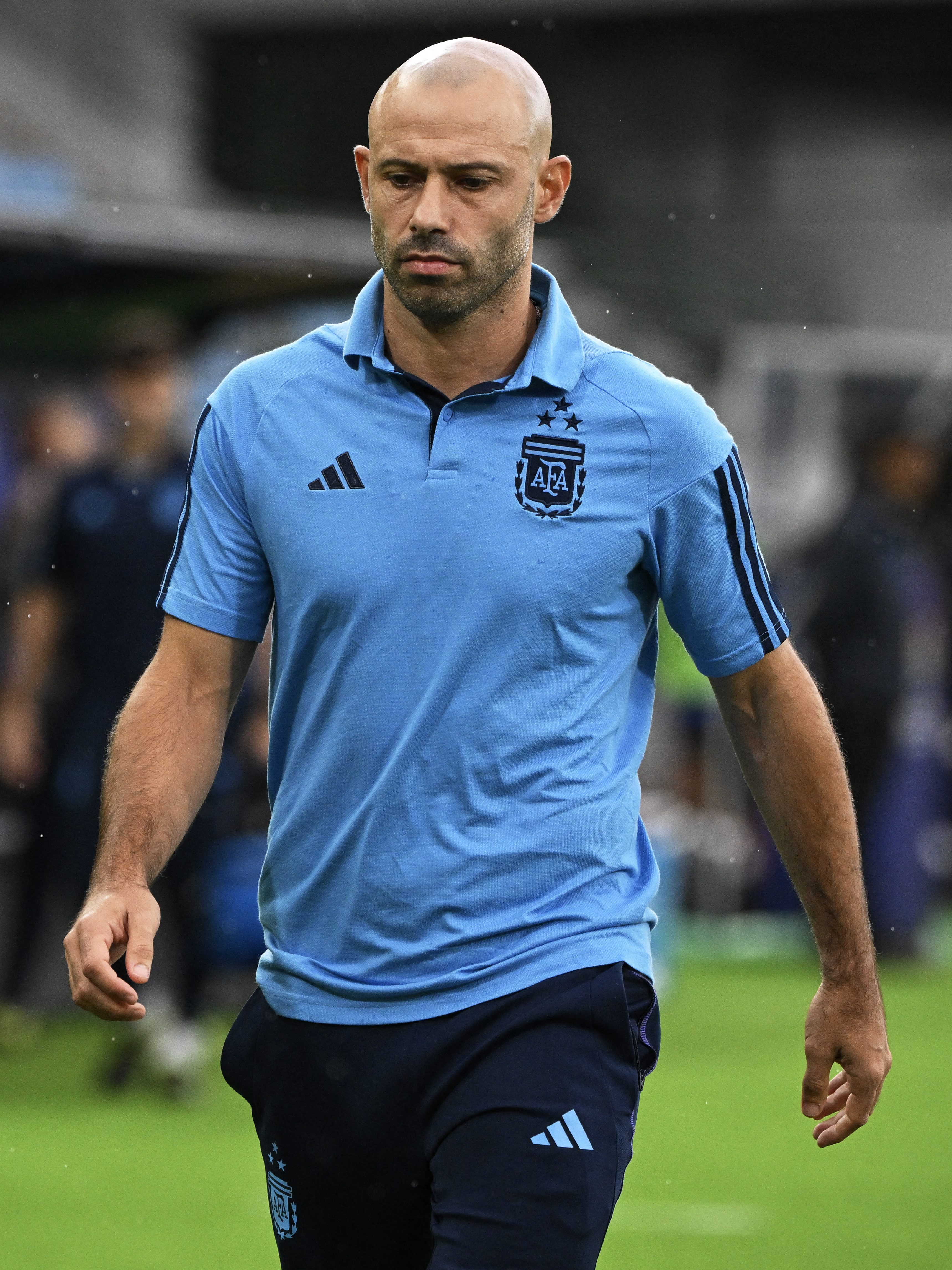 Argentina's head coach Javier Mascherano gestures after the end of the first half during the Venezuela 2024 CONMEBOL Pre-Olympic Tournament football match between Argentina and Paraguay at the Brigido Iriarte stadium in Caracas on February 8, 2024. (Photo by Federico Parra / AFP) (Photo by FEDERICO PARRA/AFP via Getty Images)