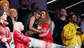LAS VEGAS, NEVADA - FEBRUARY 11: Rapper Ice Spice, Singer Taylor Swift and Actress Blake Lively hug prior to Super Bowl LVIII between the San Francisco 49ers and Kansas City Chiefs at Allegiant Stadium on February 11, 2024 in Las Vegas, Nevada. (Photo by Ezra Shaw/Getty Images)