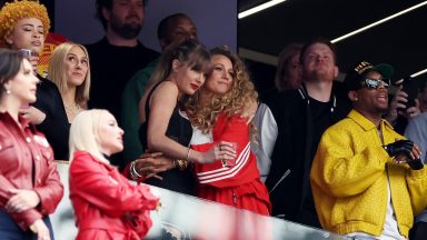 LAS VEGAS, NEVADA - FEBRUARY 11: Rapper Ice Spice, Singer Taylor Swift and Actress Blake Lively hug prior to Super Bowl LVIII between the San Francisco 49ers and Kansas City Chiefs at Allegiant Stadium on February 11, 2024 in Las Vegas, Nevada. (Photo by Ezra Shaw/Getty Images)