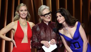 LOS ANGELES, CALIFORNIA - FEBRUARY 24: (L-R) Emily Blunt, Meryl Streep, and Anne Hathaway speak onstage during the 30th Annual Screen Actors Guild Awards at Shrine Auditorium and Expo Hall on February 24, 2024 in Los Angeles, California. (Photo by Matt Winkelmeyer/Getty Images)