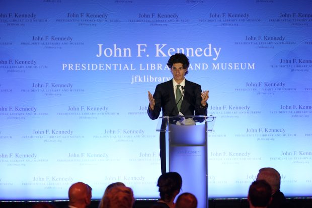 Jack Schlossberg, the only grandson of John F. Kennedy, speaks at the President John F. Kennedy library, in Boston, Massachusetts, US, during a visit by Taoiseach Leo Varadkar to the US for St Patrick's Day. Picture date: Monday March 11, 2024. (Photo by Niall Carson/PA Images via Getty Images)