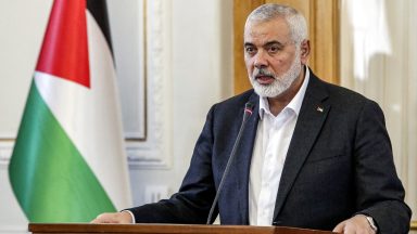 Ismail Haniyeh, the Doha-based political bureau chief of the Palestinian Islamist movement Hamas, speaks to the press after a meeting with the Iranian foreign minister in Tehran on March 26, 2024. Haniyeh's visit to Tehran comes a day after a resolution adopted by the UN Security Council called for an "immediate ceasefire" for the ongoing Muslim holy month of Ramadan, leading to a "lasting" truce. (Photo by AFP) (Photo by -/AFP via Getty Images)