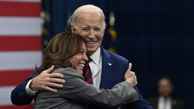 RALEIGH, USA - MARCH 26: US President Joe Biden (R) along with vice president Kamala Harris (L) and North Carolina governor Roy Cooper (not seen) delivers remarks about healthcare in Raleigh, North Carolina, United States on March 26, 2024. (Photo by Peter Zay/Anadolu via Getty Images)