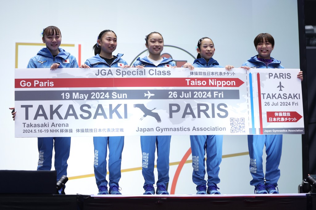 TAKASAKI, JAPAN - MAY 18: Qualified artistic gymnasts for the Paris 2024 Olympic Games (L-R) Shoko Miyata, Rina Kishi, Mana Okamura, Haruka Nakamura and Kohane Ushioku pose after the Women's competitions on day three of the Artistic Gymnastics NHK Trophy at Takasaki Arena on May 18, 2024 in Takasaki, Gunma, Japan. (Photo by Kiyoshi Ota/Getty Images)