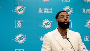 MIAMI GARDENS, FLORIDA - MAY 15: Odell Beckham Jr. speaks during a press conference on May 15, 2024 in Miami Gardens, Florida.  (Photo by Carmen Mandato/Getty Images)