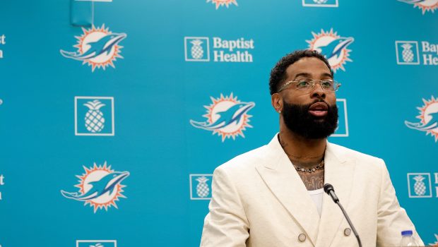 MIAMI GARDENS, FLORIDA - MAY 15: Odell Beckham Jr. speaks during a press conference on May 15, 2024 in Miami Gardens, Florida.  (Photo by Carmen Mandato/Getty Images)