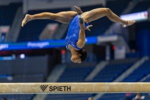  Gabby Douglas during podium training perfoms on the balance beam in preparation for the 2024 Core Hydration Classic at the XL Centre, Hartford on May 17th, 2024, in Hartford, Connecticut. USA. (Photo by Tim Clayton/Corbis via Getty Images)