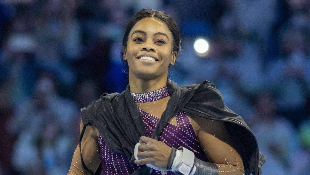 HARTFORD, CONNECTICUT:  MAY 18:  Gabby Douglas reacts as she is introduced to the spectators during the 2024 Core Hydration Gymnastics Classic at the XL Centre, Hartford on May 18th, 2024, in Hartford, Connecticut. USA. (Photo by Tim Clayton/Corbis via Getty Images)