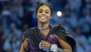HARTFORD, CONNECTICUT:  MAY 18:  Gabby Douglas reacts as she is introduced to the spectators during the 2024 Core Hydration Gymnastics Classic at the XL Centre, Hartford on May 18th, 2024, in Hartford, Connecticut. USA. (Photo by Tim Clayton/Corbis via Getty Images)