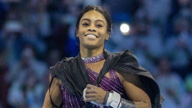 HARTFORD, CONNECTICUT:  MAY 18:  Gabby Douglas reacts as she is introduced to the spectators during the 2024 Core Hydration Gymnastics Classic at the XL Centre, Hartford on May 18th, 2024, in Hartford, Connecticut. USA. (Photo by Tim Clayton/Corbis via Getty Images)