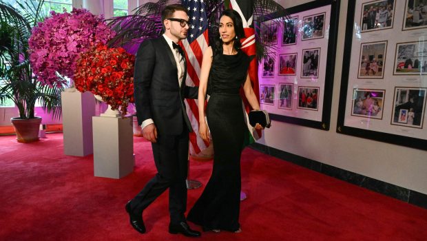 US historian Alex Soros and political staffer Huma Abedin arrives at the Booksellers Room of the White House on the occasion of the State Dinner with the Kenyan president at the White House in Washington, DC, on May 23, 2024. (Photo by SAUL LOEB / AFP) (Photo by SAUL LOEB/AFP via Getty Images)