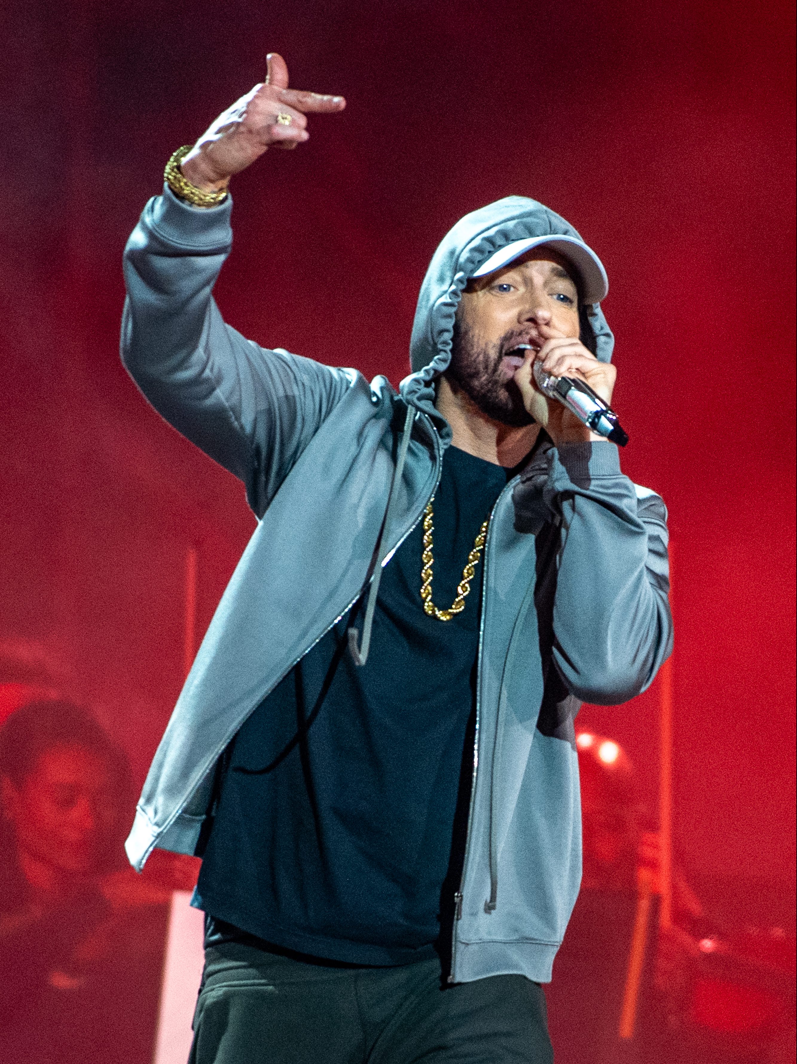 DETROIT, MICHIGAN - JUNE 06: Eminem performs onstage at Live from Detroit: The Concert at Michigan Central" at Michigan Central Station on June 06, 2024 in Detroit, Michigan. (Photo by Aaron J. Thornton/Getty Images)