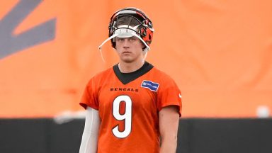 CINCINNATI, OHIO - JUNE 12: Joe Burrow #9 of the Cincinnati Bengals looks on during mandatory minicamp at the IEL Indoor Facility on June 12, 2024 in Cincinnati, Ohio. (Photo by Dylan Buell/Getty Images)