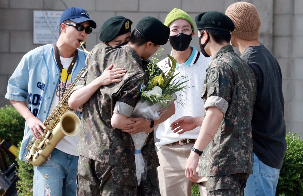 SEOUL, SOUTH KOREA - Jun 12: BTS' Jin Discharged From Army Service in Gyeonggi-do and greeted by RM, Jimin, J-Hope, Jungkook and V of BTS on Jun 12, 2024 in Seoul, South Korea. (Photo by The Chosunilbo JNS/Imazins via Getty Images)