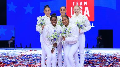 MINNEAPOLIS, UNITED STATES - JUNE 30: (Back to front, left to right) Suni Lee, Hezly Rivera, Jade Carey, Simone Biles, and Jordan Chiles celebrate after being named at the U.S. Olympic Team for women's gymnastics at Target Center in Minneapolis, United States on June 30, 2024. (Photo by Nikolas Liepins/Anadolu via Getty Images)