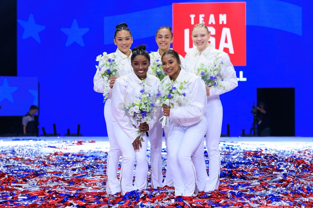 MINNEAPOLIS, USA - JUNE 30: (Back to front, L to R) Sunee Lee, Hezly Rivera, Jade Carey, Simone Biles and Jordan Chiles celebrate after being selected to the US Olympic Women's Gymnastics Team 2024 at the Target Center in Minneapolis, USA on June 30, 2024. (Photo by Nicholas Liepins/Anadolu via Getty Images)