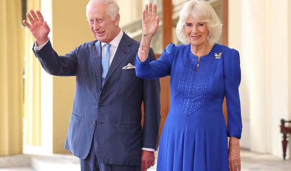 LONDON, ENGLAND - JUNE 27: King Charles III and Queen Camilla smile and wave as they formally bid farewell to Emperor Naruhito and Empress Masako of Japan on the final day of their state visit to the United Kingdom at Buckingham Palace on June 27, 2024 in London, England. (Photo by Chris Jackson/Getty Images)