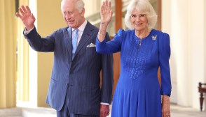 LONDON, ENGLAND - JUNE 27: King Charles III and Queen Camilla smile and wave as they formally bid farewell to Emperor Naruhito and Empress Masako of Japan on the final day of their state visit to the United Kingdom at Buckingham Palace on June 27, 2024 in London, England. (Photo by Chris Jackson/Getty Images)