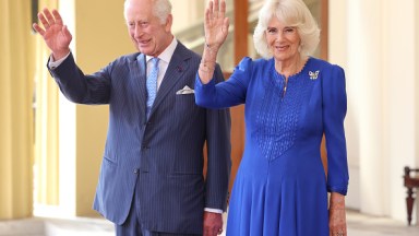 LONDON, ENGLAND - JUNE 27: King Charles III and Queen Camilla smile and wave as they formally bid farewell to Emperor Naruhito and Empress Masako of Japan on the final day of their state visit to the United Kingdom at Buckingham Palace on June 27, 2024 in London, England. (Photo by Chris Jackson/Getty Images)