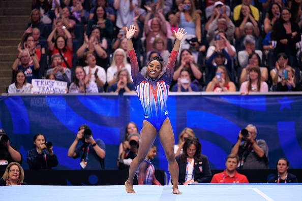 MINNEAPOLIS, USA – JUNE 30: Simone Biles competes on the floor exercise during the US Olympic Gymnastics Women's Trials in Minneapolis on June 30, 2024. (Photo by Nicholas Liepins/Anadolu via Getty Images)