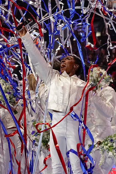 MINNEAPOLIS, MN - JUNE 30: Simone Biles takes a selfie as streamers rain down on her after being named to the olympic team during the Women's U.S. Olympic Gymnastics Team Trials on June 30, 2024, at Target Center in Minneapolis, MN. (Photo by Nick Wosika/Icon Sportswire via Getty Images)