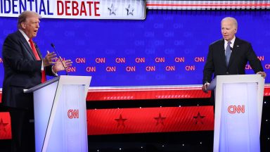 ATLANTA, GEORGIA - JUNE 27: U.S. President Joe Biden (R) and Republican presidential candidate, former U.S. President Donald Trump participate in the CNN Presidential Debate at the CNN Studios on June 27, 2024 in Atlanta, Georgia. President Biden and former President Trump are facing off in the first presidential debate of the 2024 campaign. (Photo by Justin Sullivan/Getty Images)