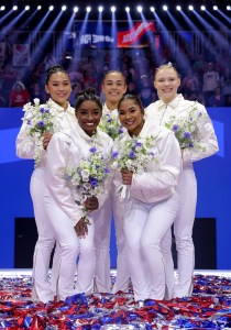 MINNEAPOLIS, MINNESOTA - JUNE 30: (L-R) Suni Lee, Simone Biles, Hezly Rivera, Jordan Chiles and Jade Carey pose after being selected for the 2024 U.S. Olympic Women's Gymnastics Team on Day Four of the 2024 U.S. Olympic Team Gymnastics Trials at Target Center on June 30, 2024 in Minneapolis, Minnesota. (Photo by Jamie Squire/Getty Images)