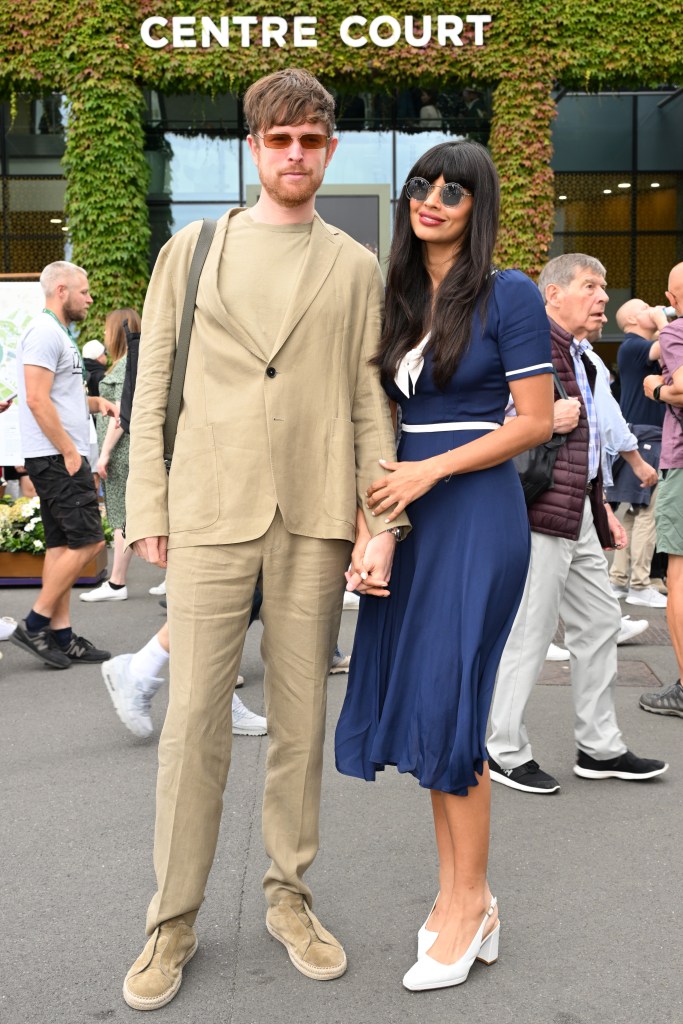 LONDON, ENGLAND - JULY 01: James Blake and Jameela Jamil attend day one of the Wimbledon Tennis Championships at the All England Lawn Tennis and Croquet Club on July 01, 2024 in London, England. (Photo by Karwai Tang/WireImage)