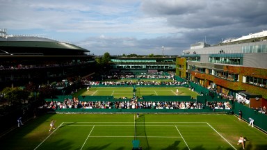 LONDON, ENGLAND - JULY 02:  A general view of Court 14 as Caroline Garcia of France (L) plays against Anna Blinkova (R) in the Ladies' Singles first round match during day two of The Championships Wimbledon 2024 at All England Lawn Tennis and Croquet Club on July 02, 2024 in London, England. (Photo by Adam Pretty/Getty Images)