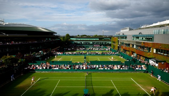 LONDON, ENGLAND - JULY 02:  A general view of Court 14 as Caroline Garcia of France (L) plays against Anna Blinkova (R) in the Ladies' Singles first round match during day two of The Championships Wimbledon 2024 at All England Lawn Tennis and Croquet Club on July 02, 2024 in London, England. (Photo by Adam Pretty/Getty Images)