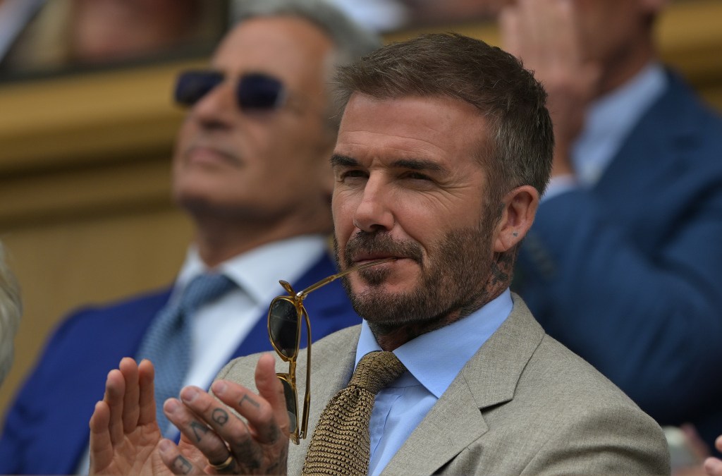 LONDON, ENGLAND - JULY 01: David Beckham watches Carlos Alcaraz of Spain abd Mark Lajal of Estonia during their Gentlemen's Singles first round match on day one of The Championships Wimbledon 2024 at All England Lawn Tennis and Croquet Club on July 01, 2024 in London, England. (Photo by Visionhaus/Getty Images)