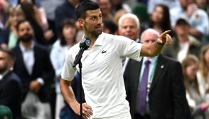 LONDON, ENGLAND - JULY 08: Novak Djokovic of Serbia addresses the crowd on Centre Court wishing them a 'good night' following victory against Holger Rune of Denmark in his Gentlemen's Singles fourth round match during day eight of The Championships Wimbledon 2024 at All England Lawn Tennis and Croquet Club on July 08, 2024 in London, England. (Photo by Mike Hewitt/Getty Images)