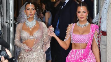 MUMBAI, INDIA - JULY 13: Kim Kardashian and Khloe Kardashian are seen leaving their hotel on July 13, 2024 in Mumbai, India. (Photo by MEGA/GC Images)