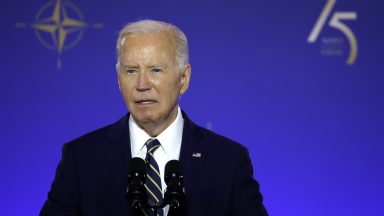 WASHINGTON, DC - JULY 09: U.S. President Joe Biden delivers remarks during the NATO 75th anniversary celebratory event at the Andrew Mellon Auditorium on July 9, 2024 in Washington, DC. NATO leaders convene in Washington this week for its annual summit to discuss future strategies and commitments and mark the 75th anniversary of the alliance’s founding. (Photo by Kevin Dietsch/Getty Images)