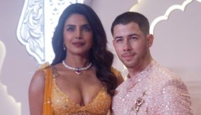 MUMBAI, INDIA - JULY 12 :  Priyanka Chopra and Nick Jonas attend the Lagna Vidhi of the wedding of Anant Ambani and Radhika Merchant on July 12, 2024 in Mumbai, India. (Photo by Prodip Guha/Getty Images)