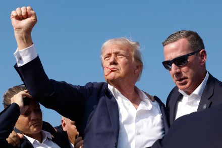  Republican presidential candidate former President Donald Trump pumps his fist as he is rushed offstage during a rally on July 13, 2024 in Butler, Pennsylvania. (Photo by Anna Moneymaker/Getty Images)