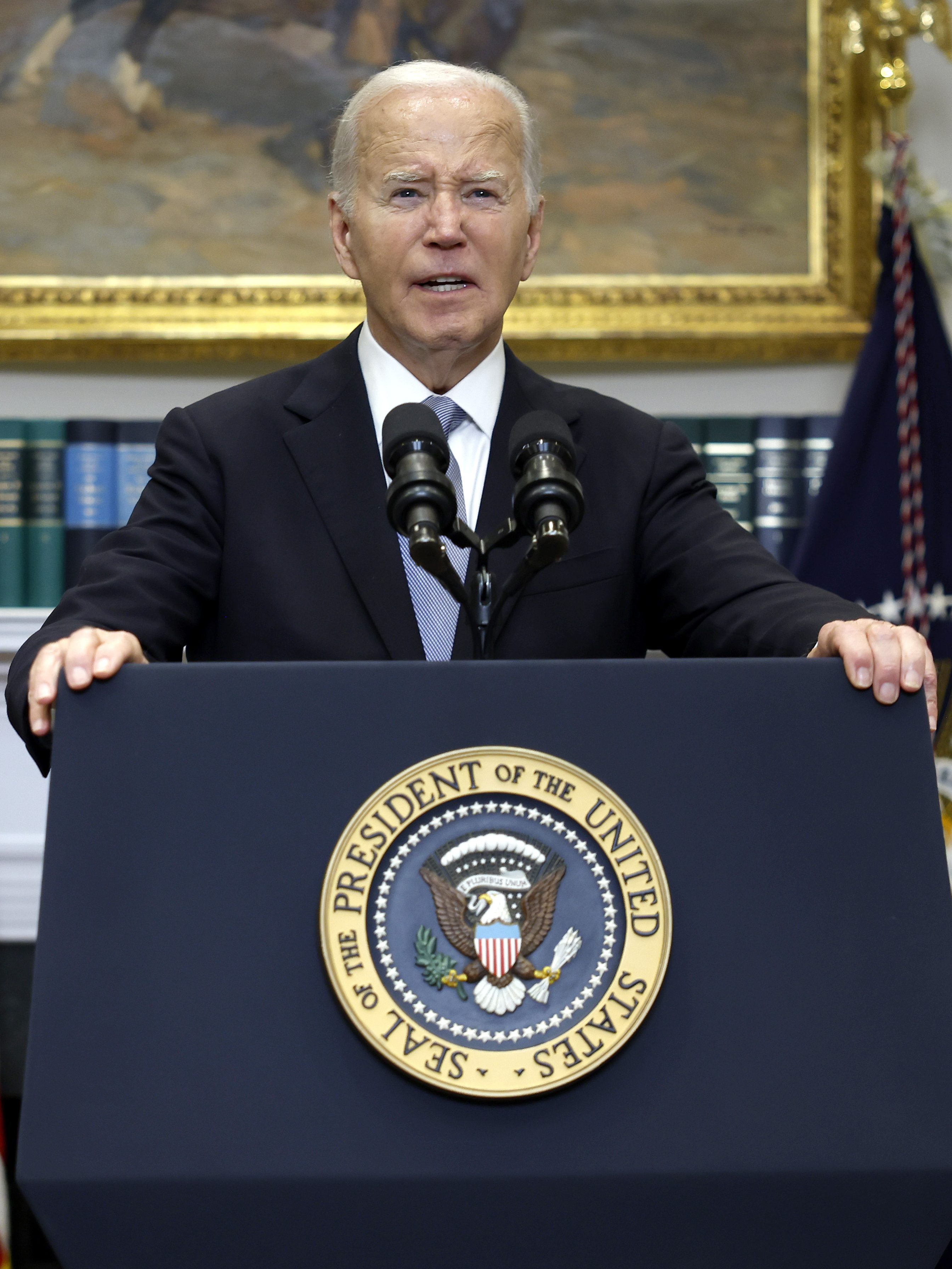 WASHINGTON, DC - JULY 14: U.S. President Joe Biden delivers remarks on the assassination attempt on Republican presidential candidate former President Donald Trump at the White House on July 14, 2024 in Washington, DC. A shooter opened fire injuring former President Trump, killing one audience member, and injuring two others during a campaign event in Butler, Pennsylvania on July 13. Biden was joined by Vice President Kamala Harris. (Photo by Kevin Dietsch/Getty Images)