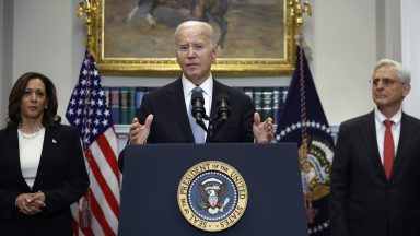 WASHINGTON, DC - JULY 14: U.S. President Joe Biden delivers remarks on the assassination attempt on Republican presidential candidate former President Donald Trump at the White House on July 14, 2024 in Washington, DC. A shooter opened fire injuring former President Trump, killing one audience member and injuring others during a campaign event in Butler, Pennsylvania on July 13. Biden was joined by Vice President Kamala Harris and Attorney General Merrick Garland. (Photo by Kevin Dietsch/Getty Images)