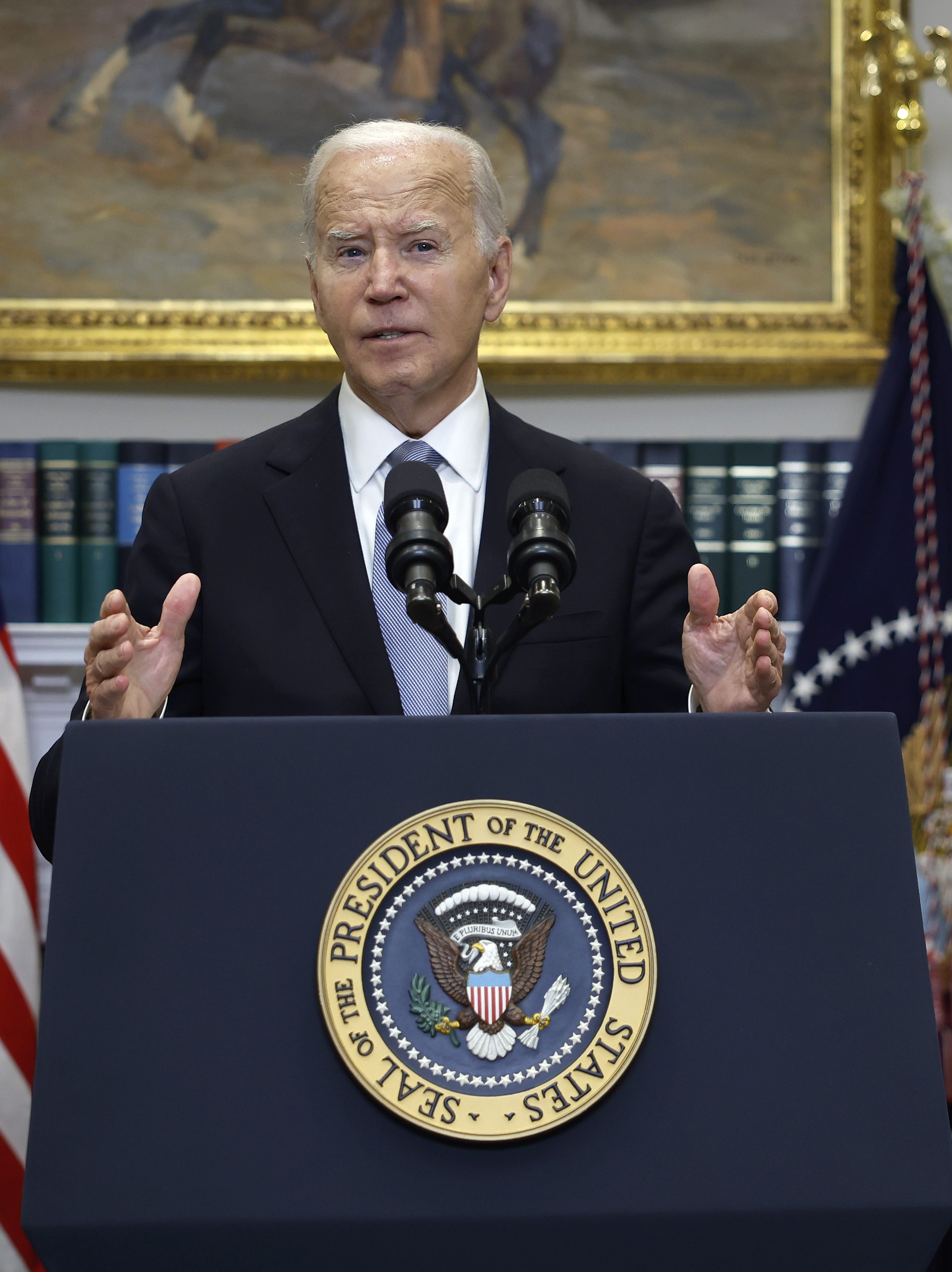 WASHINGTON, DC - JULY 14: U.S. President Joe Biden delivers remarks on the assassination attempt on Republican presidential candidate former President Donald Trump at the White House on July 14, 2024 in Washington, DC. A shooter opened fire injuring former President Trump, killing one audience member and injuring others during a campaign event in Butler, Pennsylvania on July 13. Biden was joined by Vice President Kamala Harris and Attorney General Merrick Garland. (Photo by Kevin Dietsch/Getty Images)