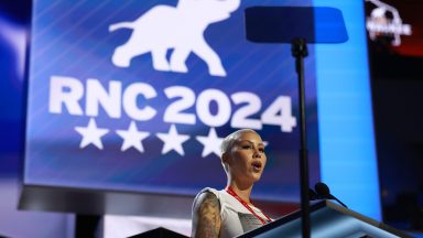 MILWAUKEE, WISCONSIN - JULY 14: Rapper and influencer Amber Rose is seen onstage at the Fiserv Forum during preparations for the Republican National Convention (RNC) on July 14, 2024, in Milwaukee, Wisconsin. Delegates, politicians, and the Republican faithful are arriving in Milwaukee for the annual convention, concluding with former President Donald Trump accepting his party's presidential nomination. The RNC takes place from July 15-18. (Photo by Joe Raedle/Getty Images)