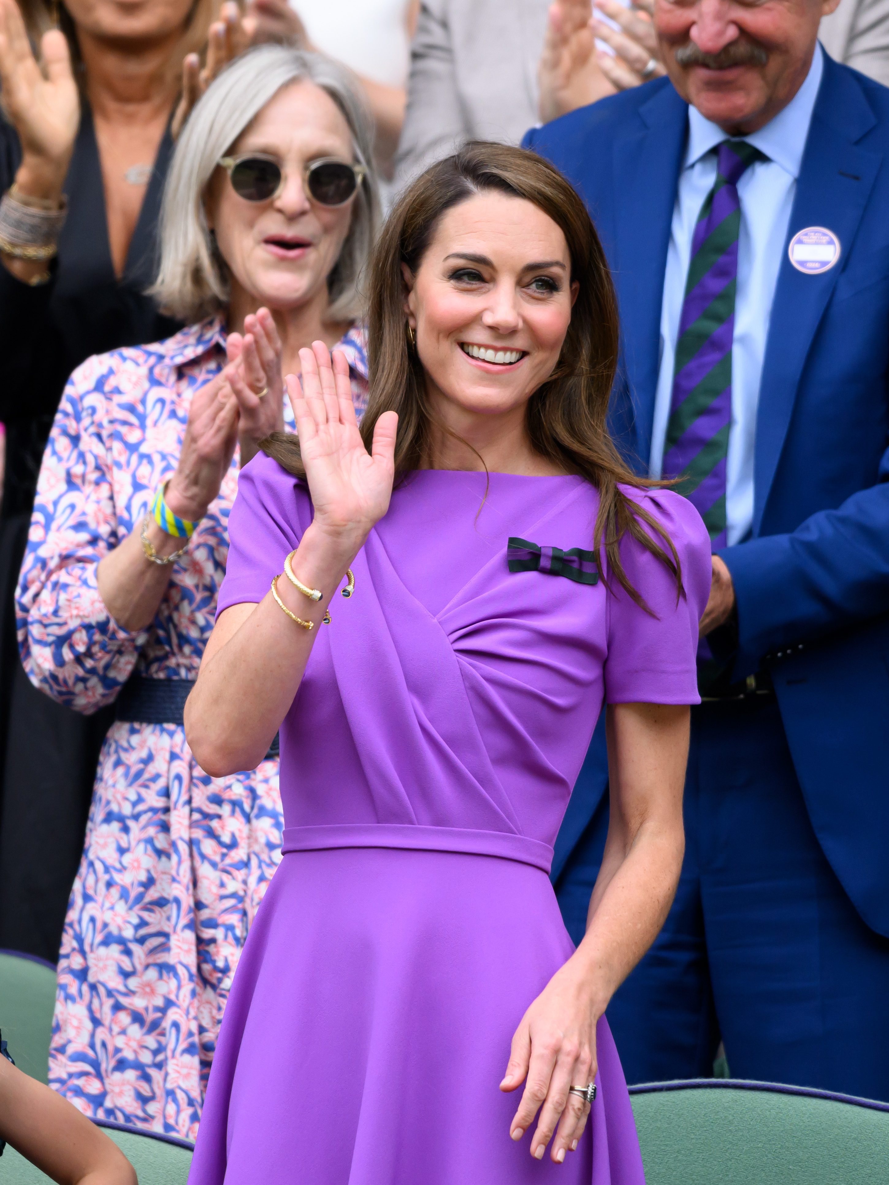 LONDON, ENGLAND - JULY 14: Princess Charlotte of Wales and Catherine, Princess of Wales court-side of Centre Court during the men's final on day fourteen of the Wimbledon Tennis Championships at the All England Lawn Tennis and Croquet Club on July 14, 2024 in London, England. (Photo by Karwai Tang/WireImage)