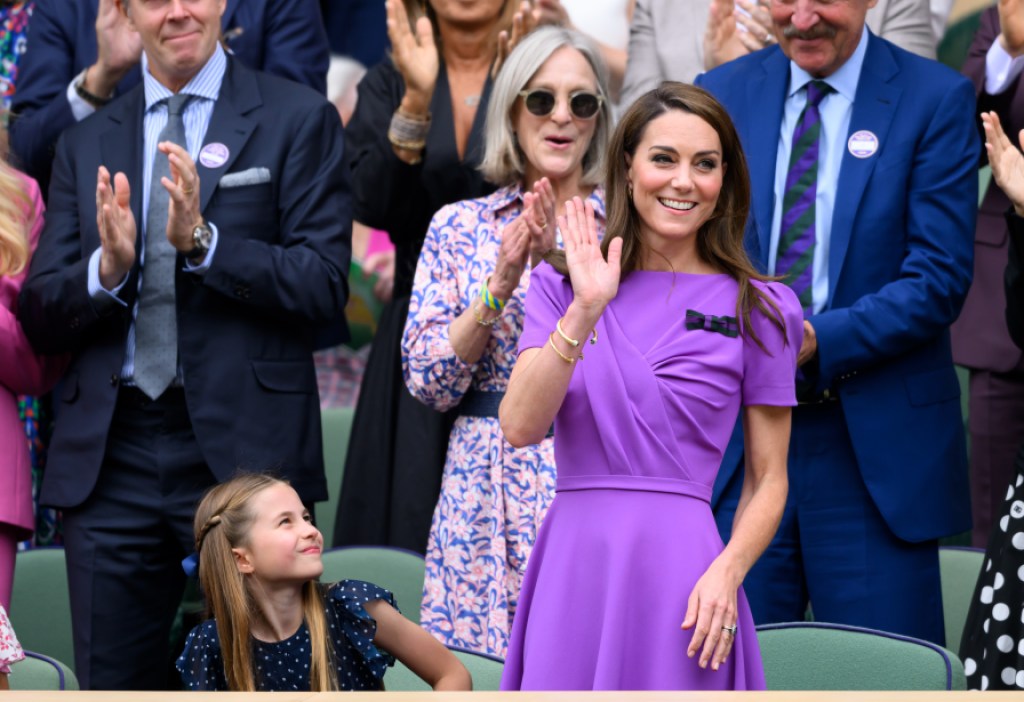 LONDON, ENGLAND - JULY 14: Princess Charlotte of Wales and Catherine, Princess of Wales court-side of Centre Court during the men's final on day fourteen of the Wimbledon Tennis Championships at the All England Lawn Tennis and Croquet Club on July 14, 2024 in London, England. (Photo by Karwai Tang/WireImage)