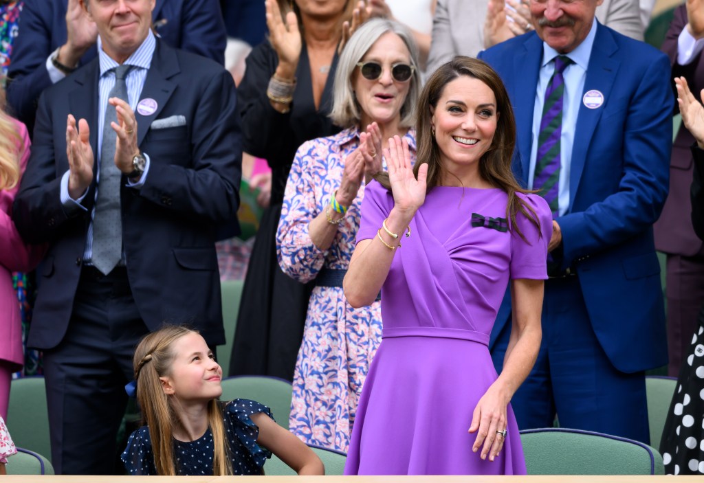 LONDON, ENGLAND - JULY 14: Princess Charlotte of Wales and Catherine, Princess of Wales court-side of Centre Court during the men's final on day fourteen of the Wimbledon Tennis Championships at the All England Lawn Tennis and Croquet Club on July 14, 2024 in London, England. (Photo by Karwai Tang/WireImage)