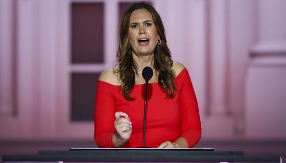 MILWAUKEE, WISCONSIN - JULY 16: Arkansas Gov. Sarah Huckabee Sanders speaks on stage on the second day of the Republican National Convention at the Fiserv Forum on July 16, 2024 in Milwaukee, Wisconsin. Delegates, politicians, and the Republican faithful are in Milwaukee for the annual convention, concluding with former President Donald Trump accepting his party's presidential nomination. The RNC takes place from July 15-18. (Photo by Chip Somodevilla/Getty Images)
