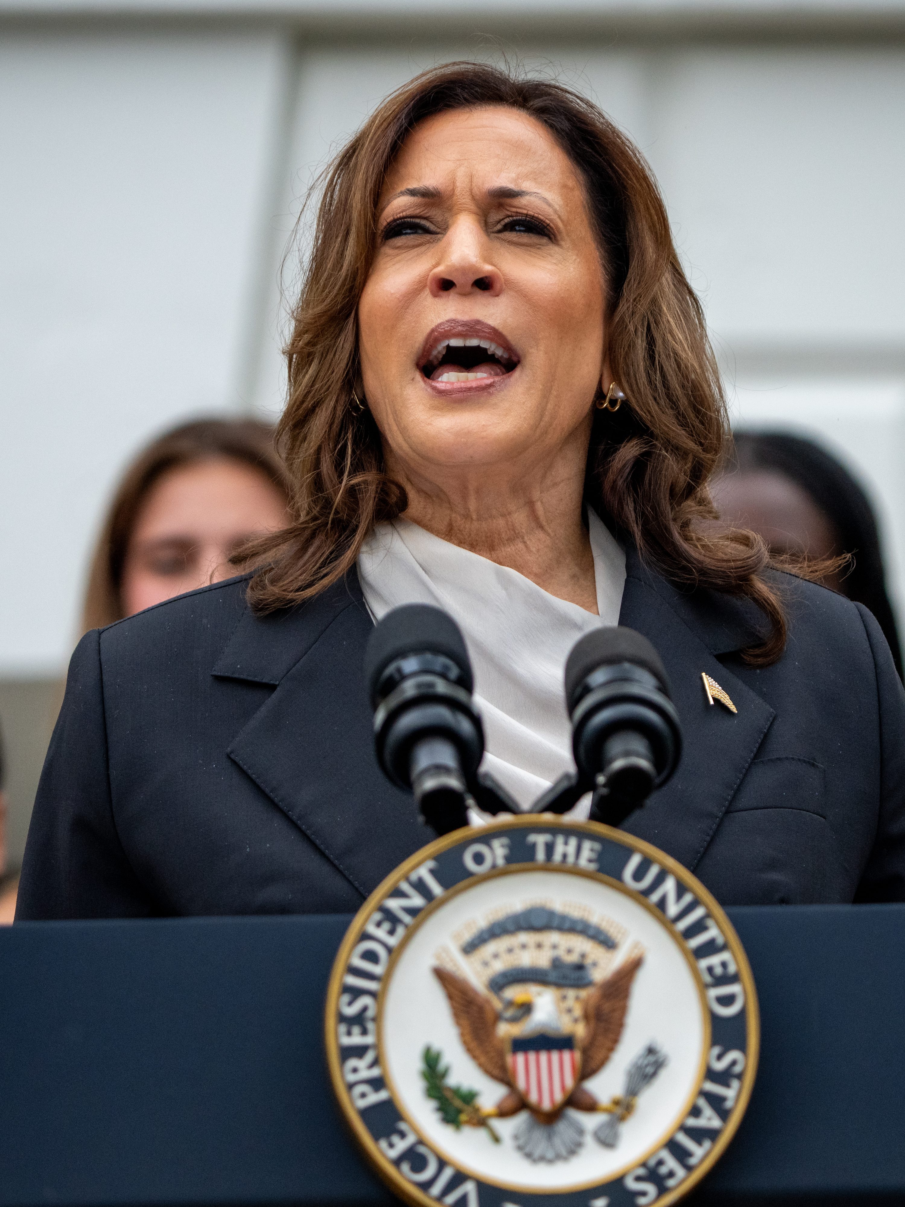 WASHINGTON, DC - JULY 22: U.S. Vice President Kamala Harris speaks during an NCAA championship teams celebration on the South Lawn of the White House on July 22, 2024 in Washington, DC. U.S. President Joe Biden abandoned his campaign for a second term after weeks of pressure from fellow Democrats to withdraw and just months ahead of the November election, throwing his support behind Harris. (Photo by Andrew Harnik/Getty Images)